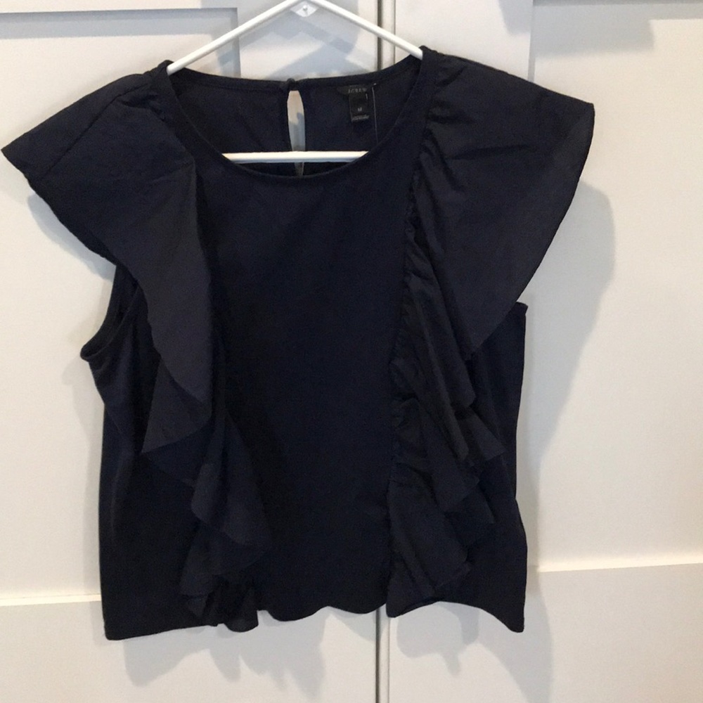 Dark Blue Short Sleeve Ruffle Blouse